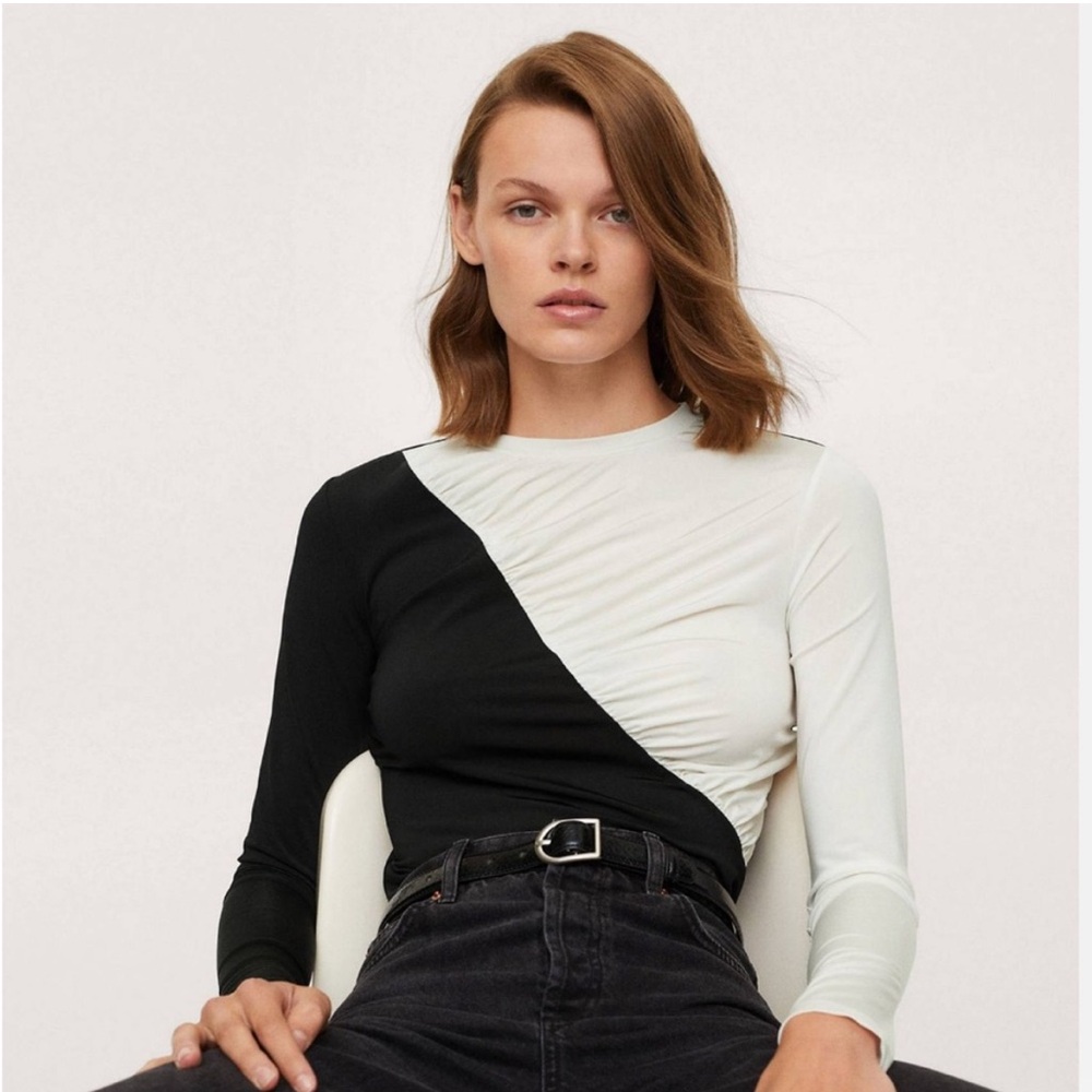 MNG Mango Ruched Black and White Long Sleeve Top